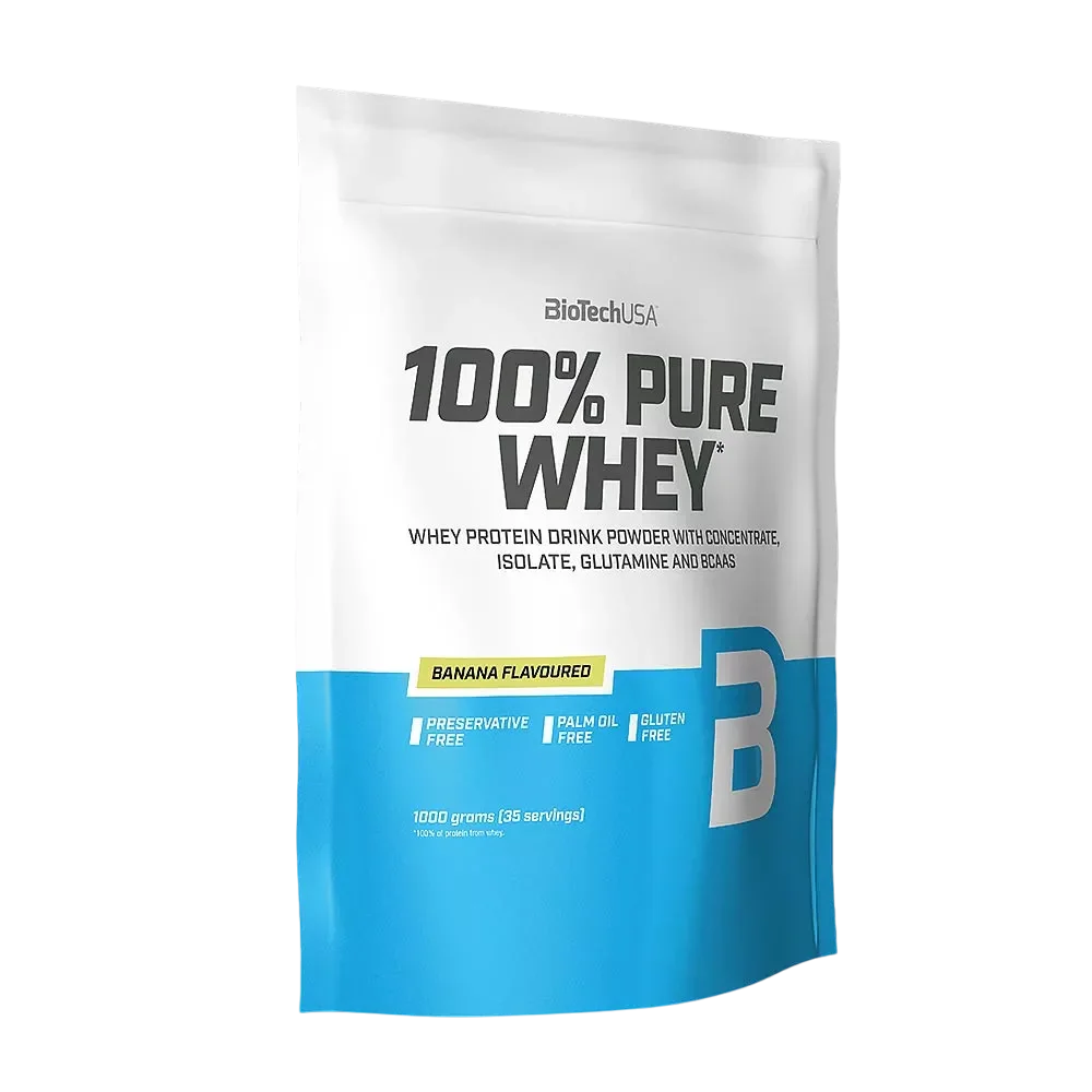 Bananų skonio baltymų milteliai BioTech USA 100% Pure Whey 1000 g. - SUPLEMENTE