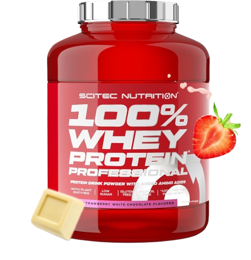 Braškių ir baltojo šokolado skonio baltyminiai milteliai- Scitec 100% Whey Protein Professional 2350 g.
