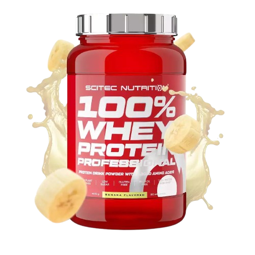 Bananų skonio baltymų milteliai- Scitec 100% Whey Protein Professional 920 g