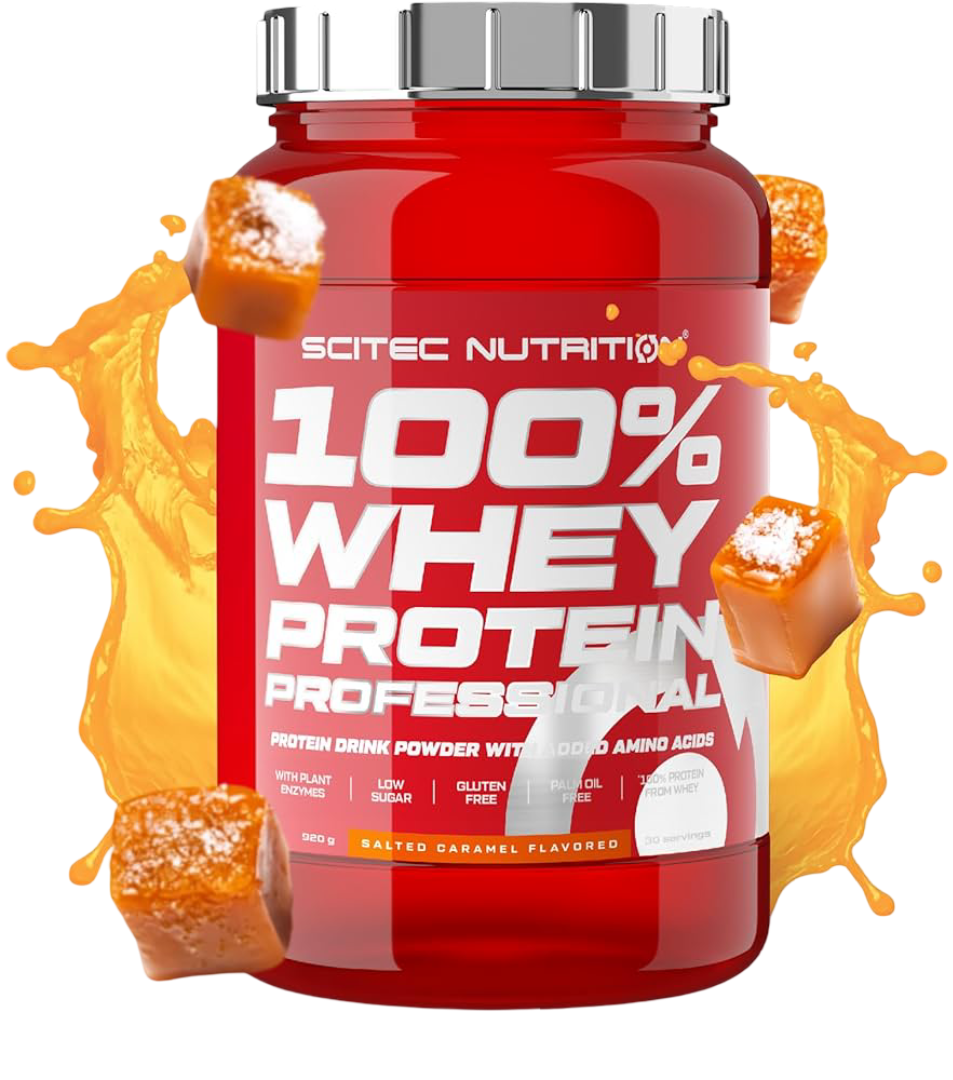 Sūrios karamelės skonio baltymų milteliai- Scitec 100% Whey Protein Professional 920 g