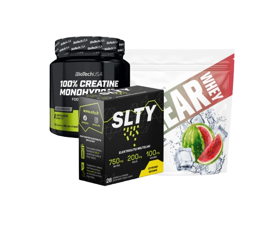 RINKINYS SPORTUOJANTIEMS: Skaidrūs baltymai 400 g. + elektorolitai 28 pak. + kreatinas 500g/ 147 porc.