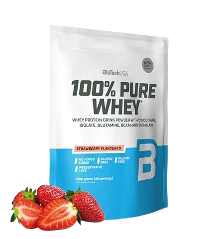 Braškių skonio baltymų milteliai BioTech USA 100% Pure Whey 1000 g. - SUPLEMENTE