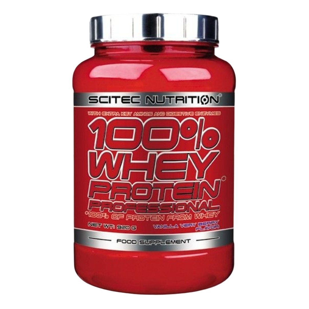 Braškių skonio baltymų milteliai- Scitec 100% Whey Protein Professional 920 g